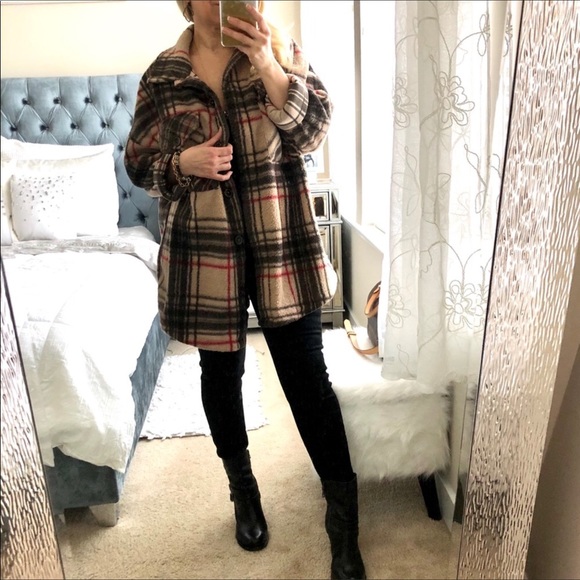 Taupe Plaid Boxy Oversized Fleece Shirt Jacket - Picture 4 of 5
